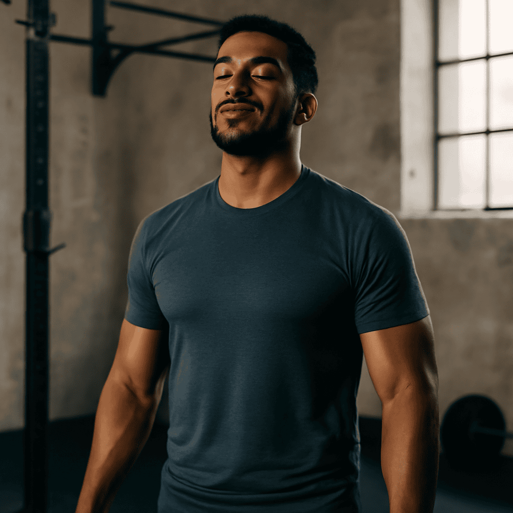 someone looking strong, centered, or satisfied after a workout